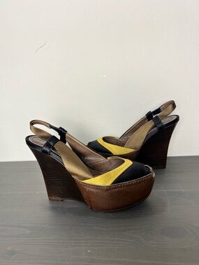 Marni Colorblock Platform Wedge Sandals Size 36 Black Yellow Peep Toe Heel